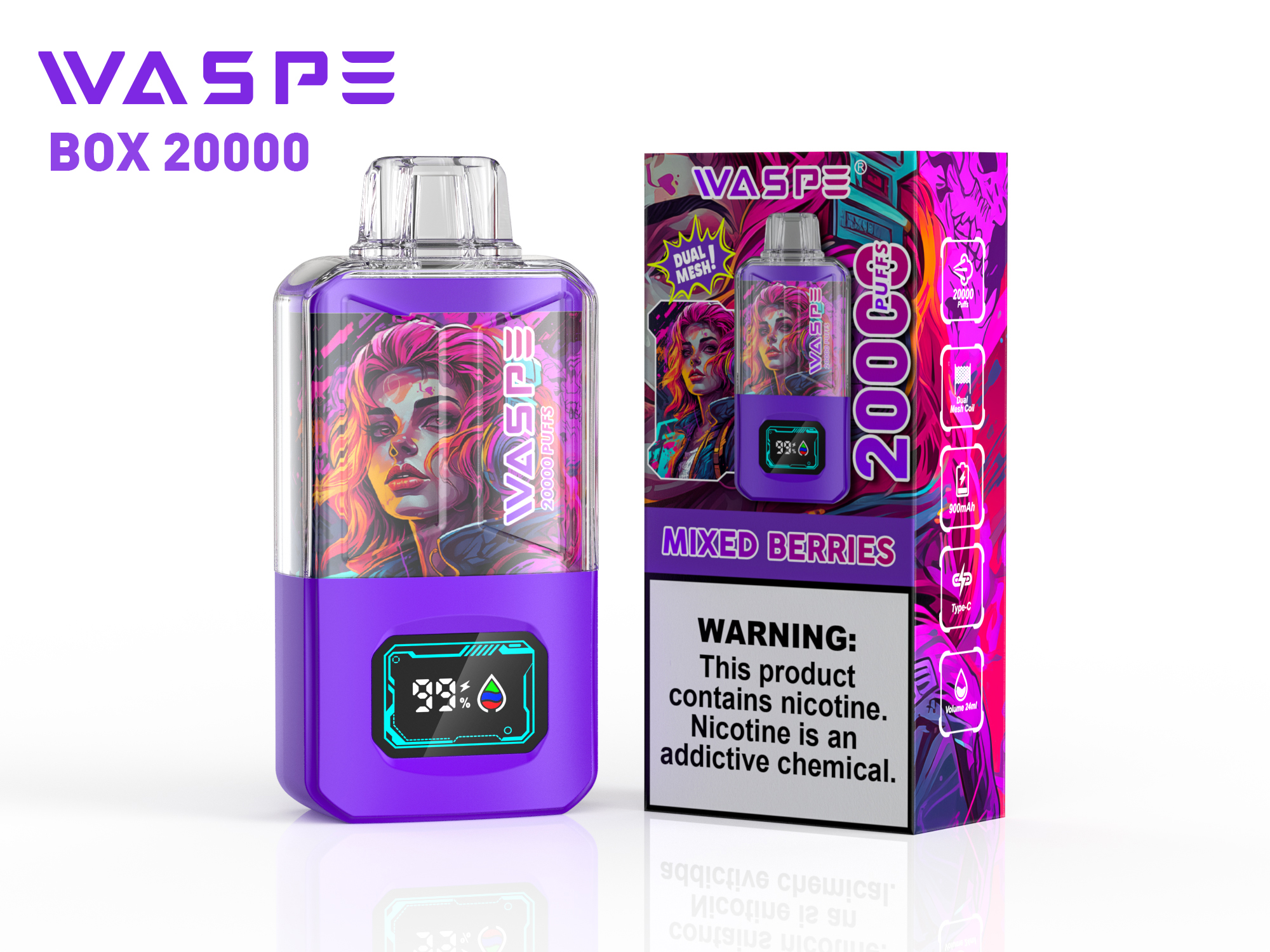 WASPE Crystal 20000 Puffs Mixed Berries Disposable Vape (24ml, Dual Mesh, LED Display, Type‑C Rechargeable)