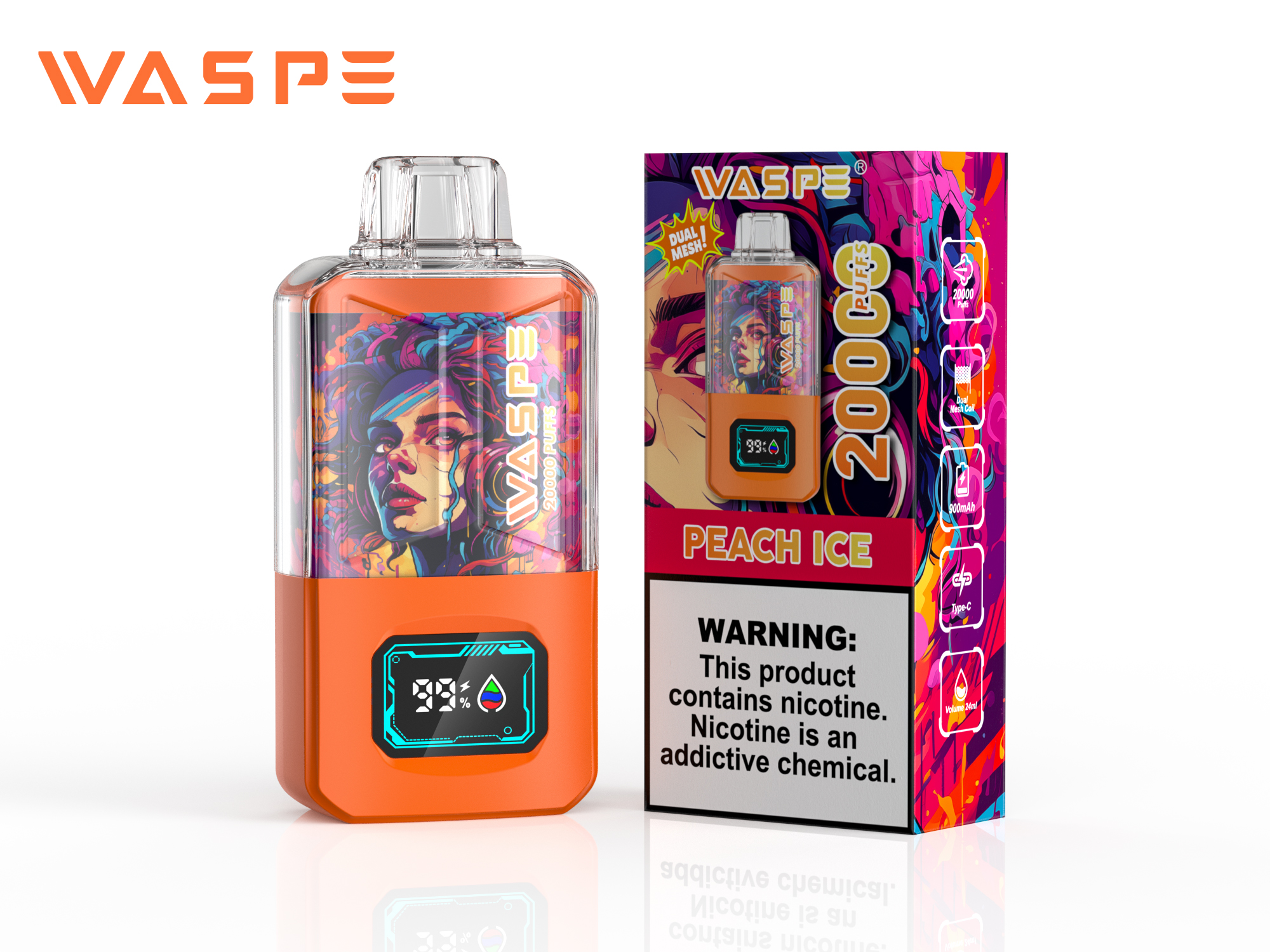 WASPE Crystal 20000 Puffs Peach Ice – Crystal Clear Disposable Vape, 24ml, Dual Mesh, USB‑C