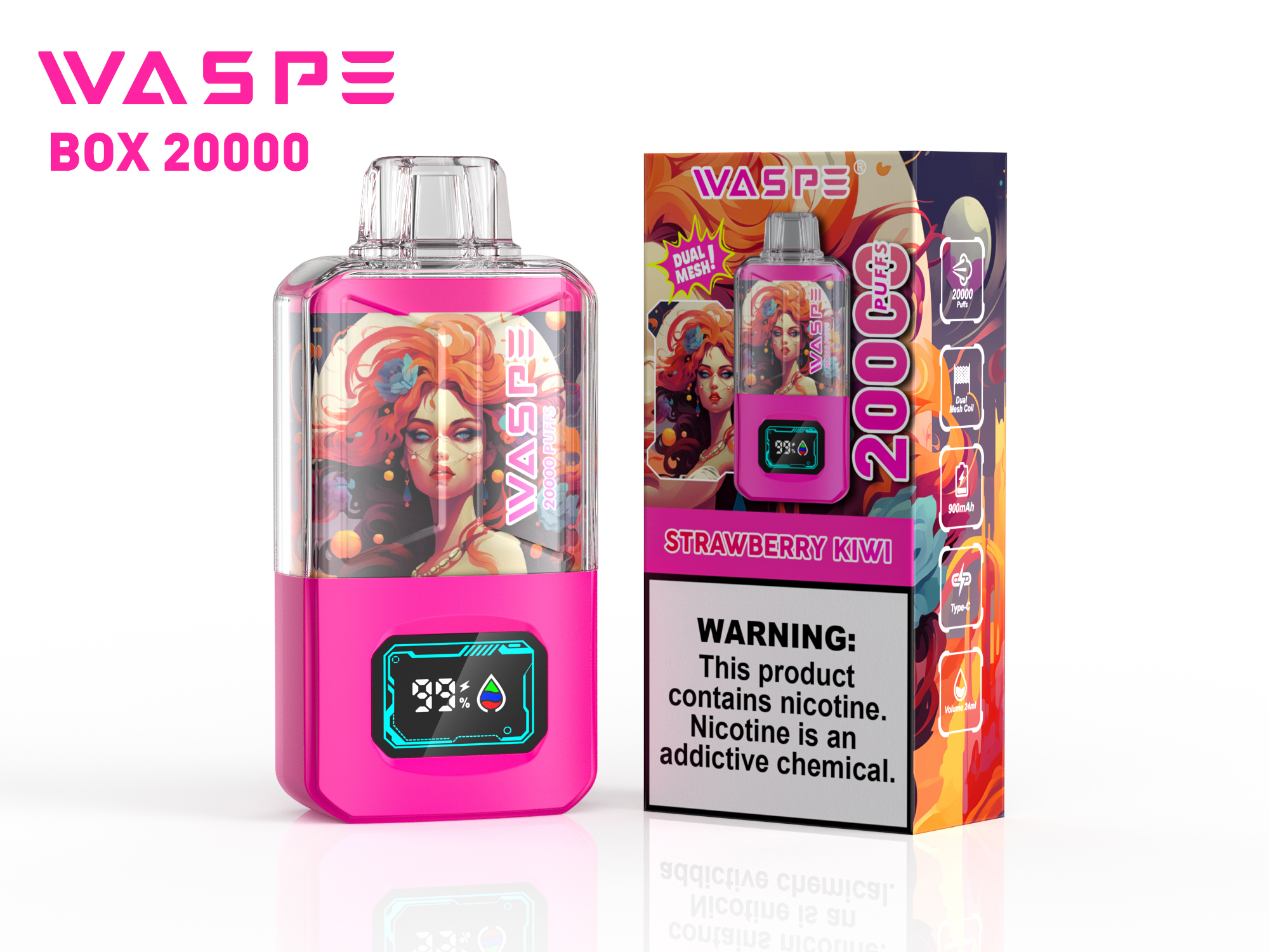 WASPE Crystal Strawberry Kiwi Disposable Vape 20000 Puffs (24ml, Dual Mesh, LED Display)
