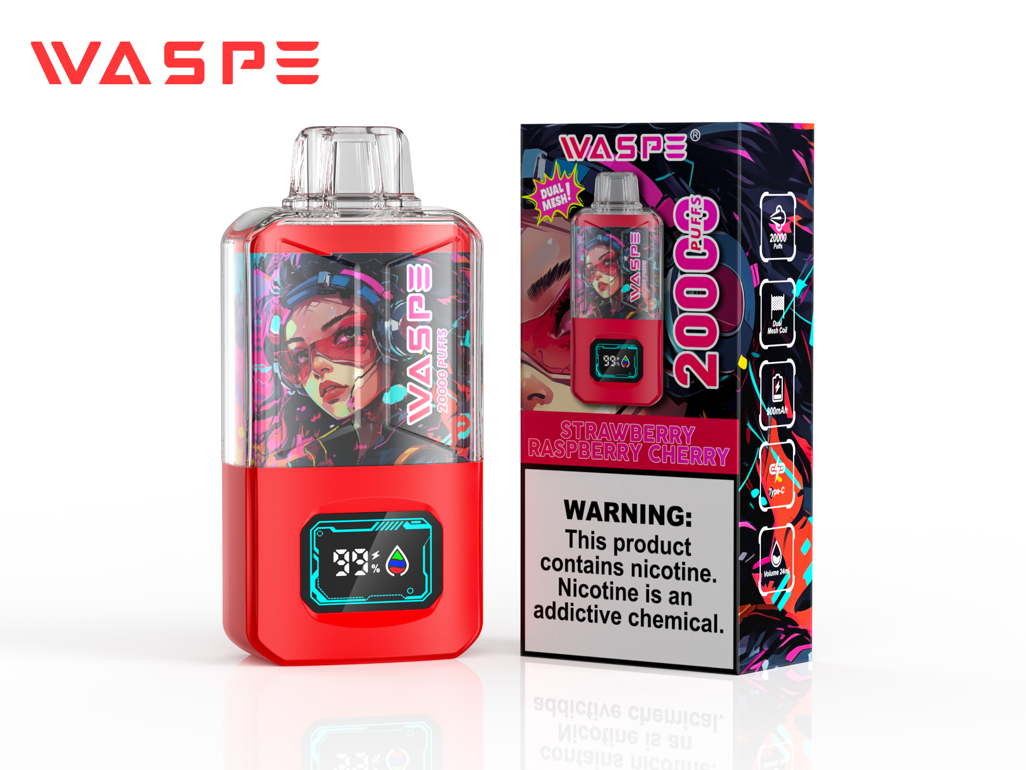 WASPE Crystal 20000 Puffs Strawberry Raspberry Cherry Disposable Vape (24ml, Dual Mesh, USB‑C Rechargeable)