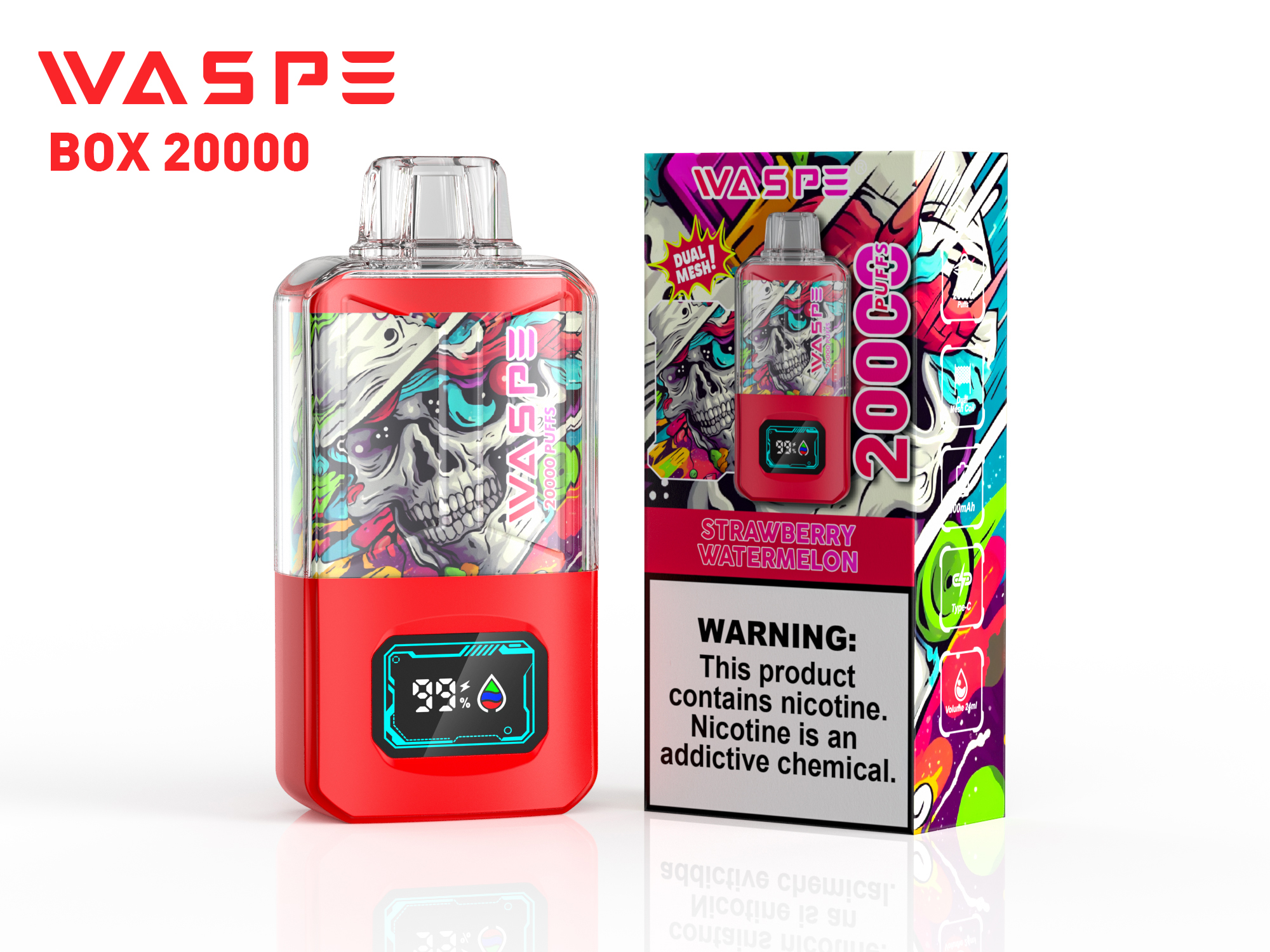 WASPE Crystal 20000 Puffs Strawberry Watermelon Disposable Vape (24ml, Dual Mesh, Type‑C, LED Display)