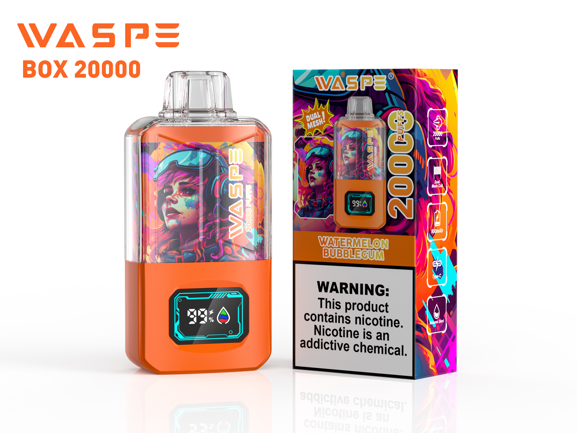 WASPE Crystal 20000 Puffs Watermelon Bubblegum Disposable Vape (24ml, Dual Mesh, LED Display, USB-C)