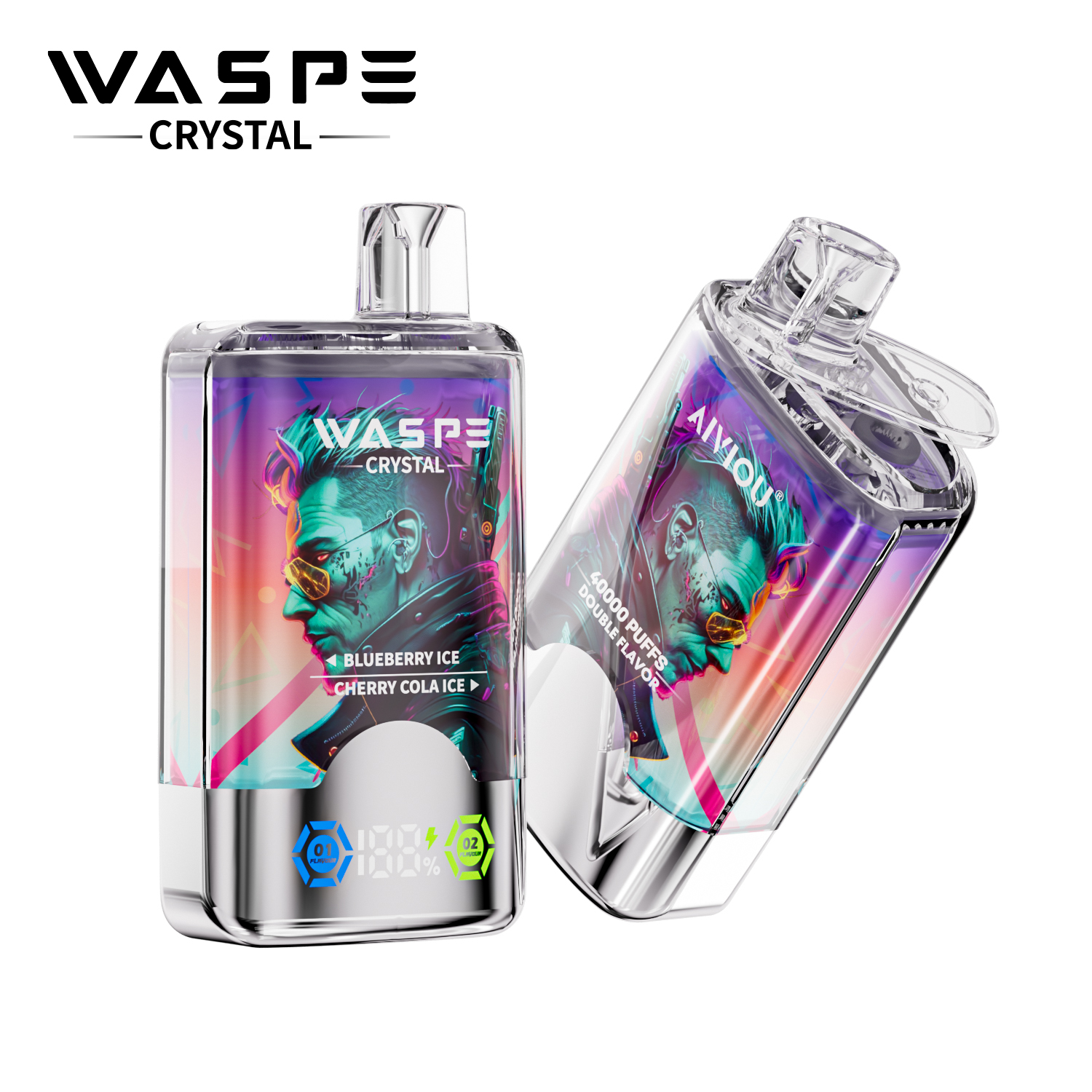 WASPE Crystal Double Flavors 40K Puffs Disposable Vape – Blueberry Ice & Cherry Cola Ice (32ml, Dual Mesh, LED, USB‑C)