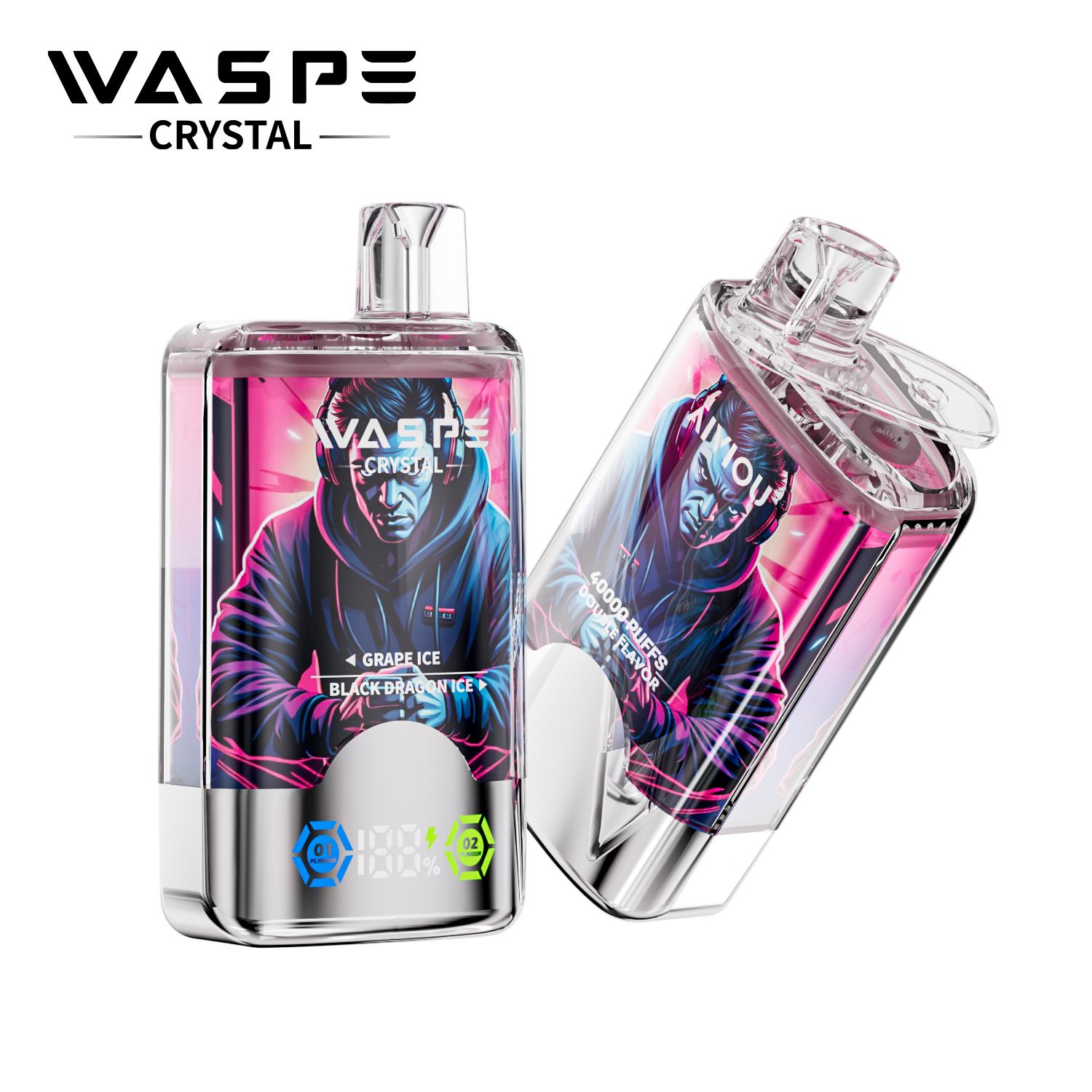 WASPE Crystal Double Flavors 40K Puffs Disposable Vape – Grape Ice & Black Dragon Ice (32ml, Dual Mesh, LED Display)