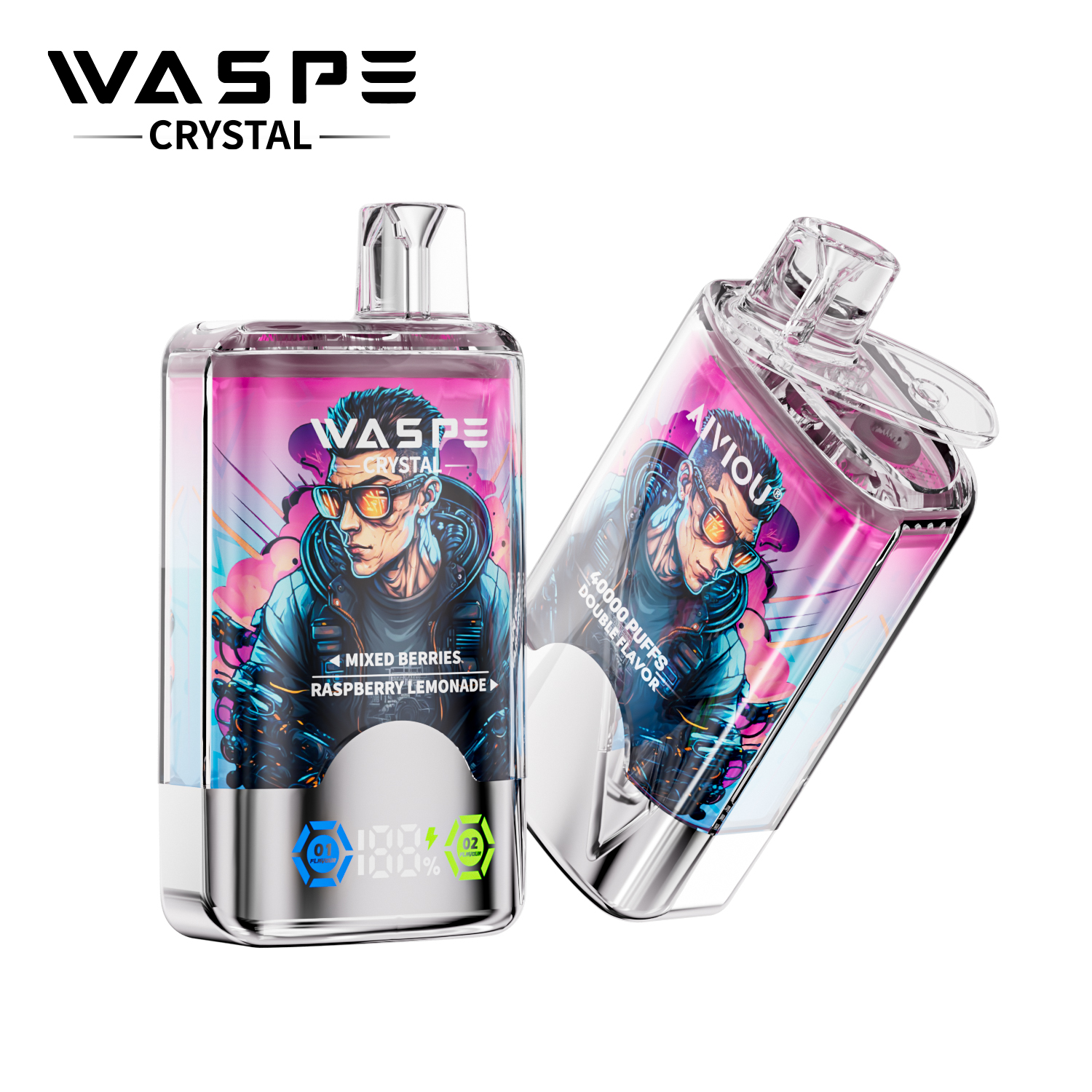WASPE Crystal Double Flavors 40K Puffs Disposable Vape – Mixed Berries & Raspberry Lemonade (32ml, Dual Mesh, LED Display)
