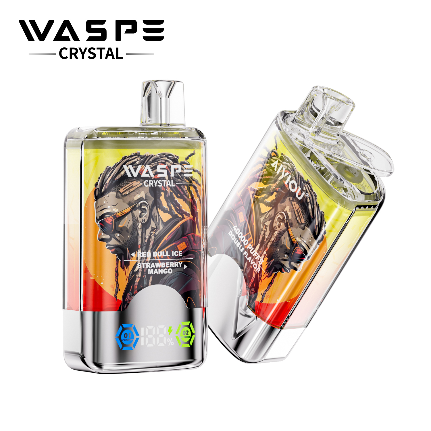 WASPE Crystal Double Flavors 40K Puffs – Red Bull Ice & Strawberry Mango (32ml, Dual Mesh, Display)