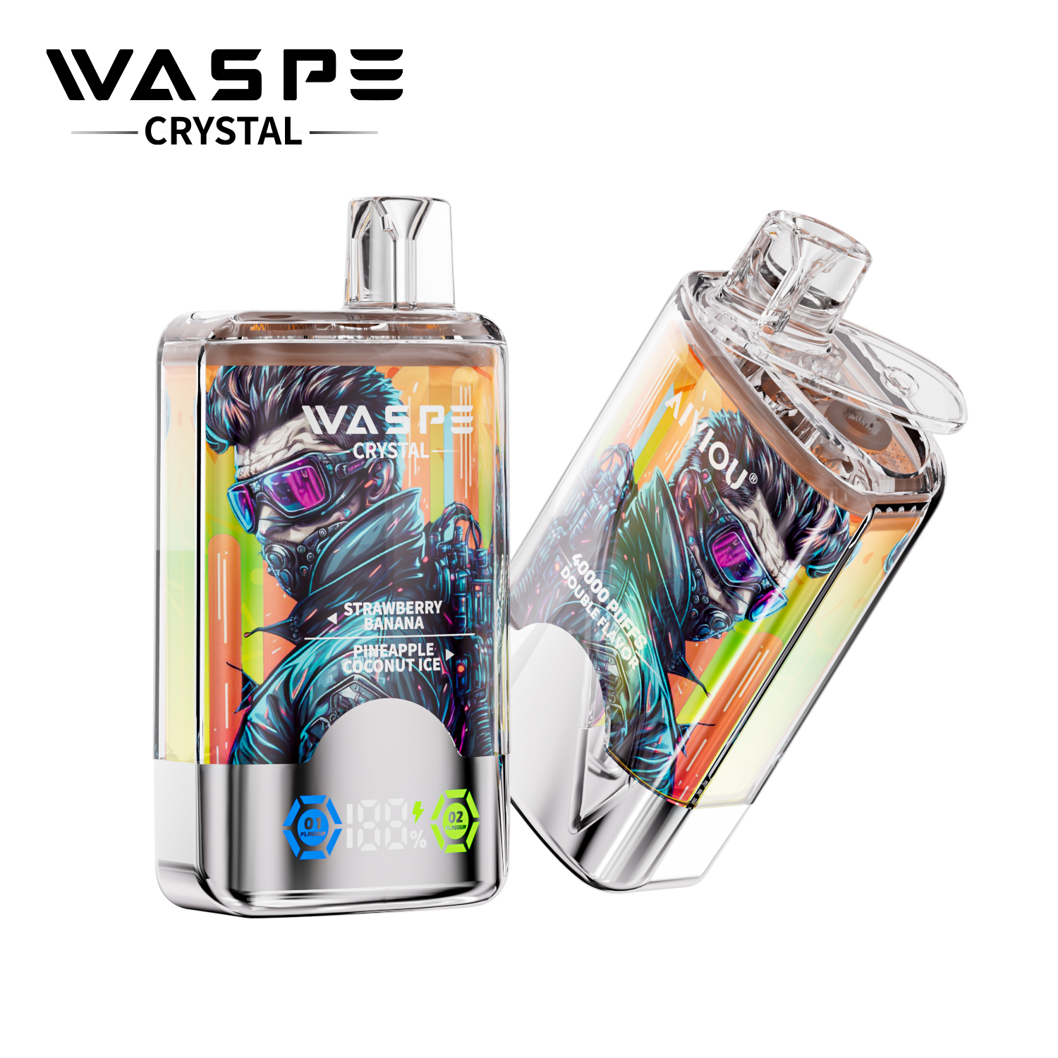 WASPE Crystal Double Flavors 40K Puffs Disposable Vape – Strawberry Banana & Pineapple Coconut Ice (32ml, LED Display, USB-C)