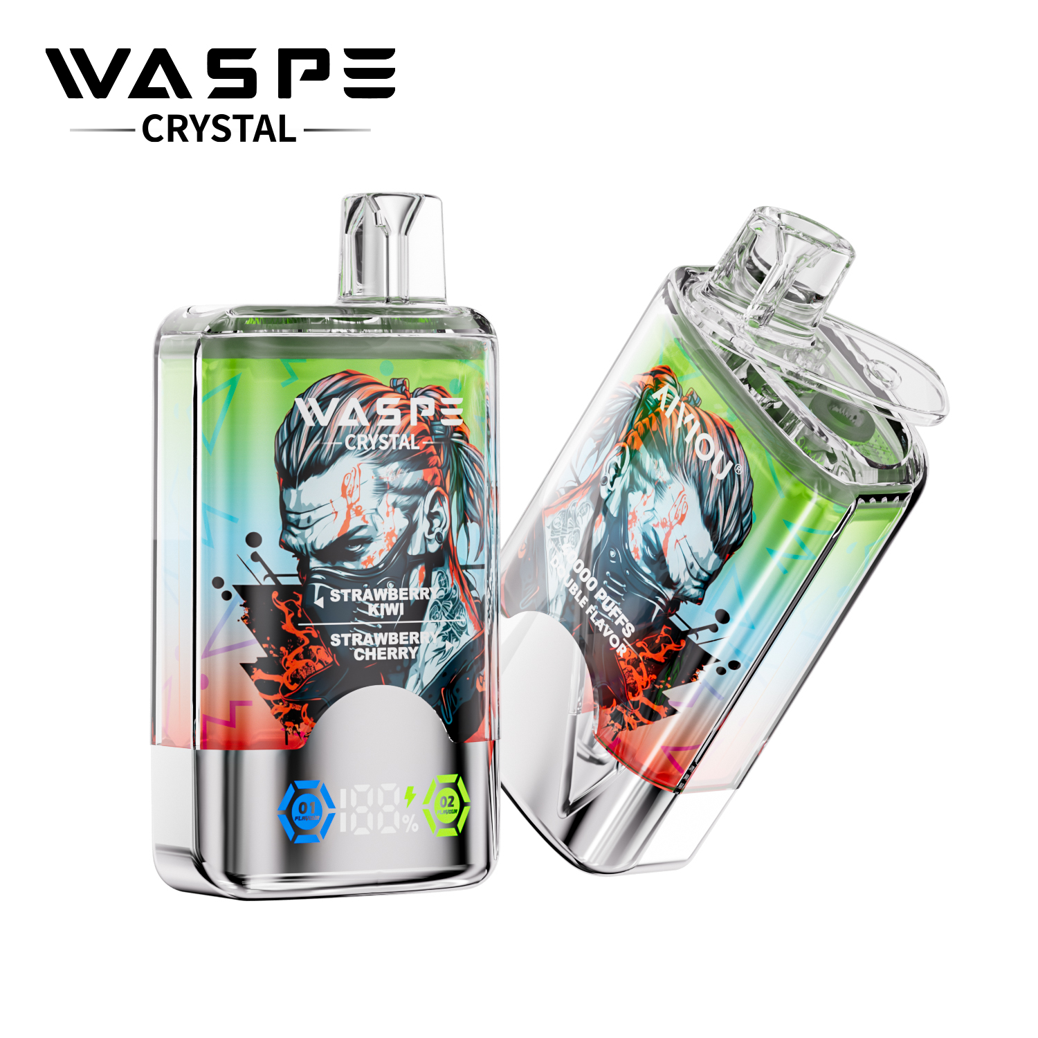 WASPE Crystal Double Flavors 40K Puffs Disposable Vape – Strawberry Kiwi & Strawberry Cherry (32ml, LED Display, Type‑C)