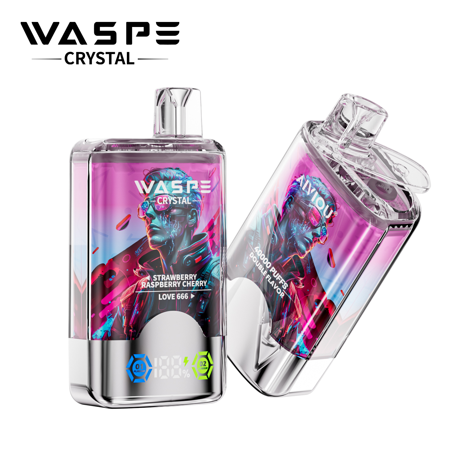 WASPE Crystal Double Flavors 40K Puffs – Strawberry Raspberry Cherry + Love 666 | Dual Flavor Disposable Vape (32ml, 850mAh, Type‑C)
