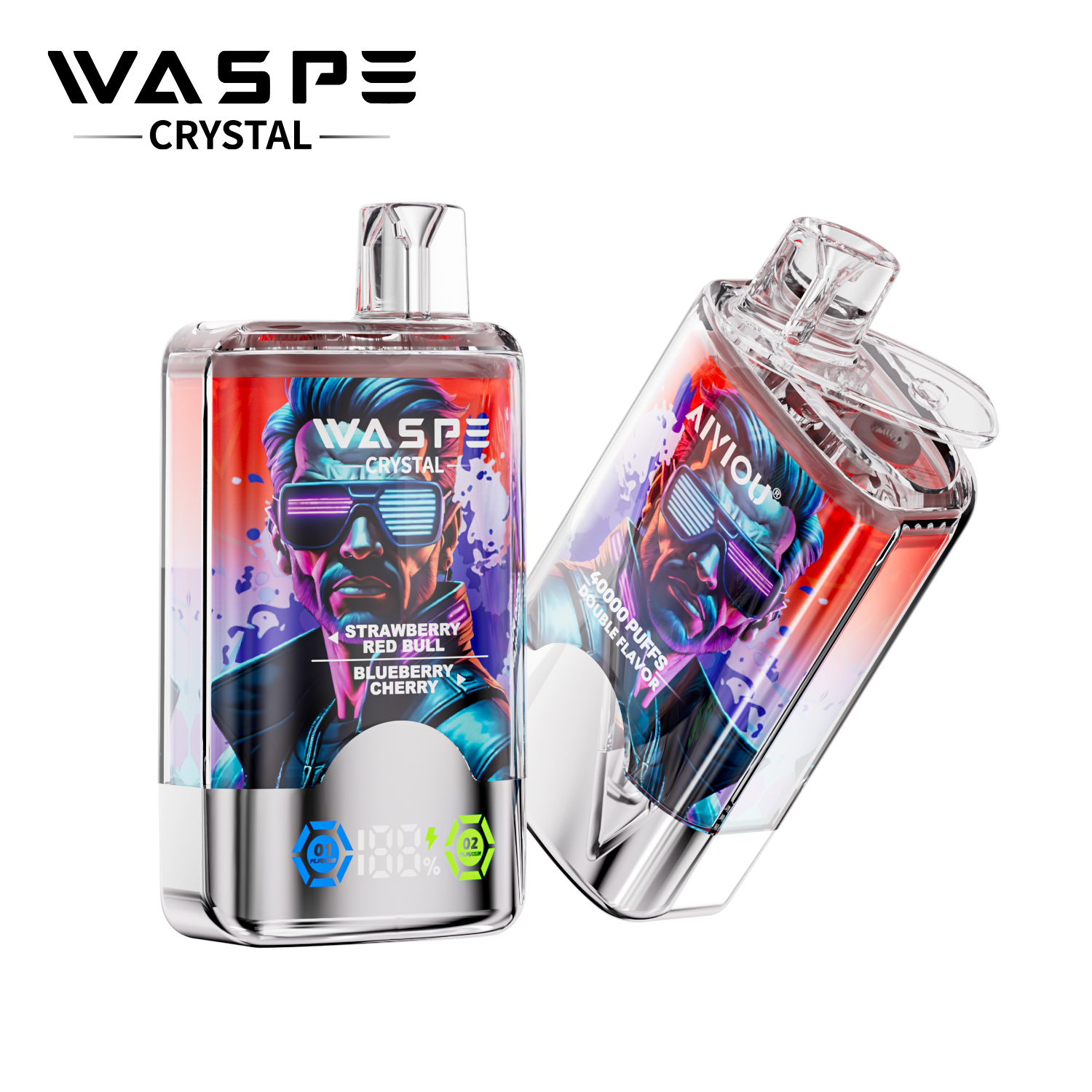 WASPE Crystal Double Flavors 40K Puffs Disposable Vape – Strawberry Red Bull & Blueberry Cherry (LED Display, 32ml, Type‑C)