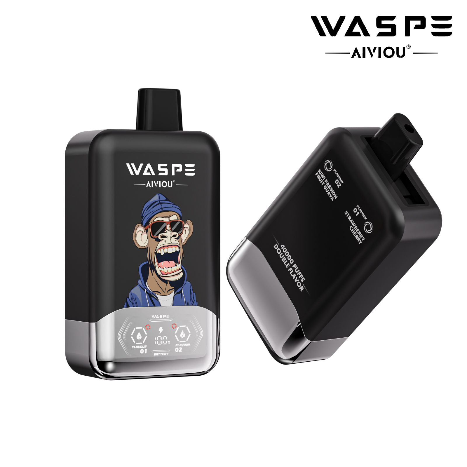 WASPE Double Flavor Disposable Vape 40000 Puffs – Strawberry Cherry & Kiwi Passion Fruit (36ml, 850mAh, Type‑C, LED)