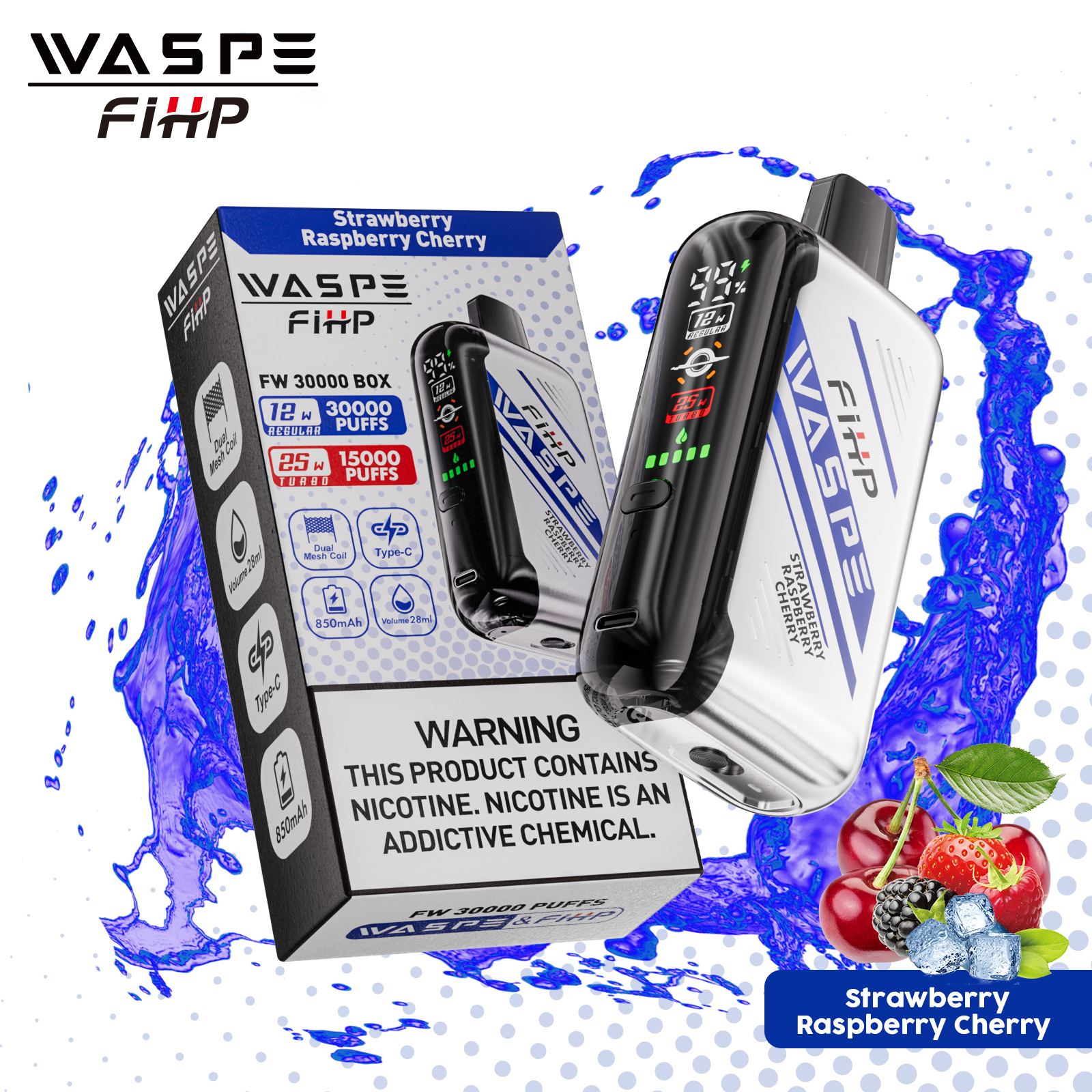 WASPE FW-30000 Disposable Vape (30,000 Puffs) – Strawberry Raspberry Cherry, LED Display, Adjustable Airflow
