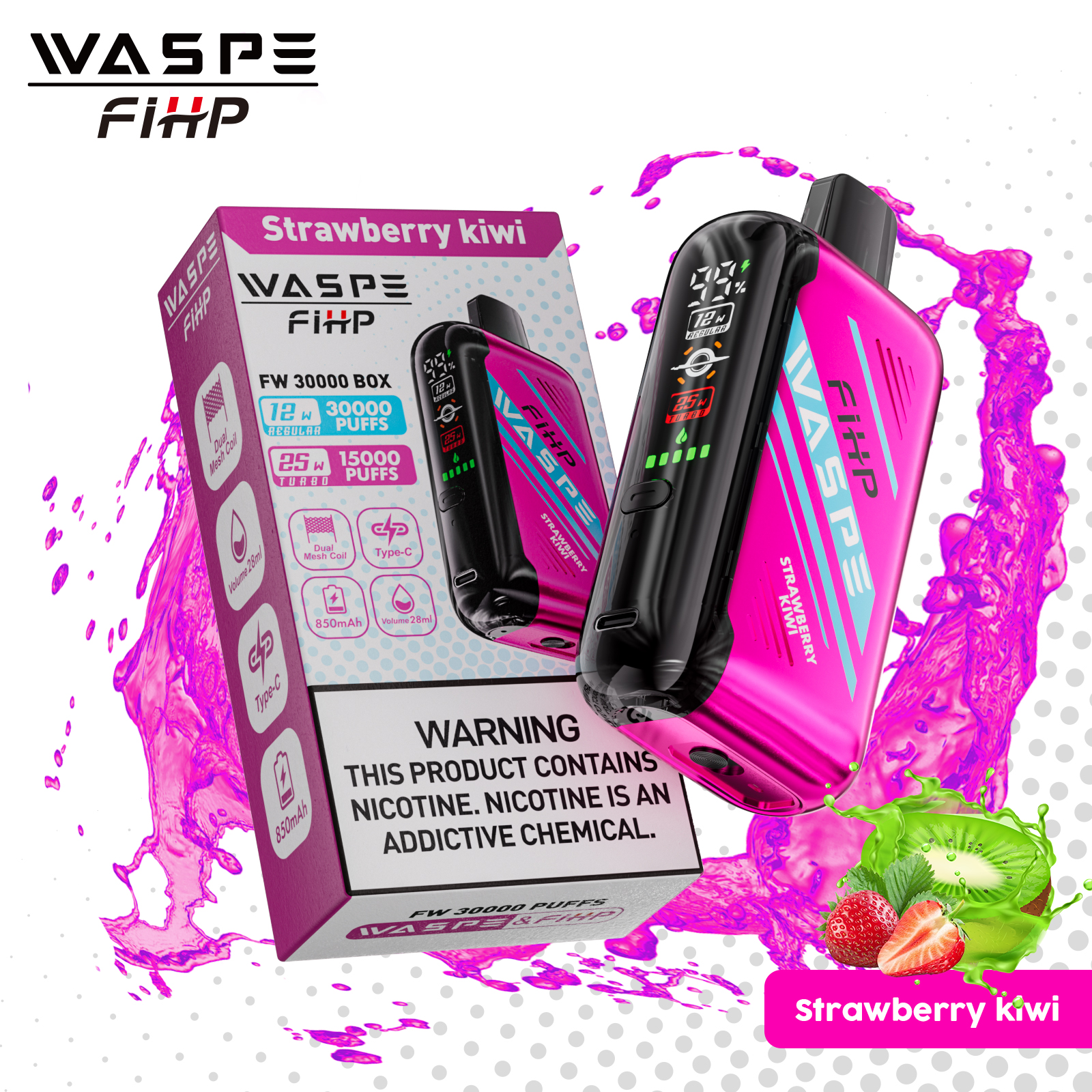 WASPE FW-30000 Disposable Vape 30000 Puffs – Strawberry Kiwi | Dual Mesh, Adjustable Airflow, LED Display