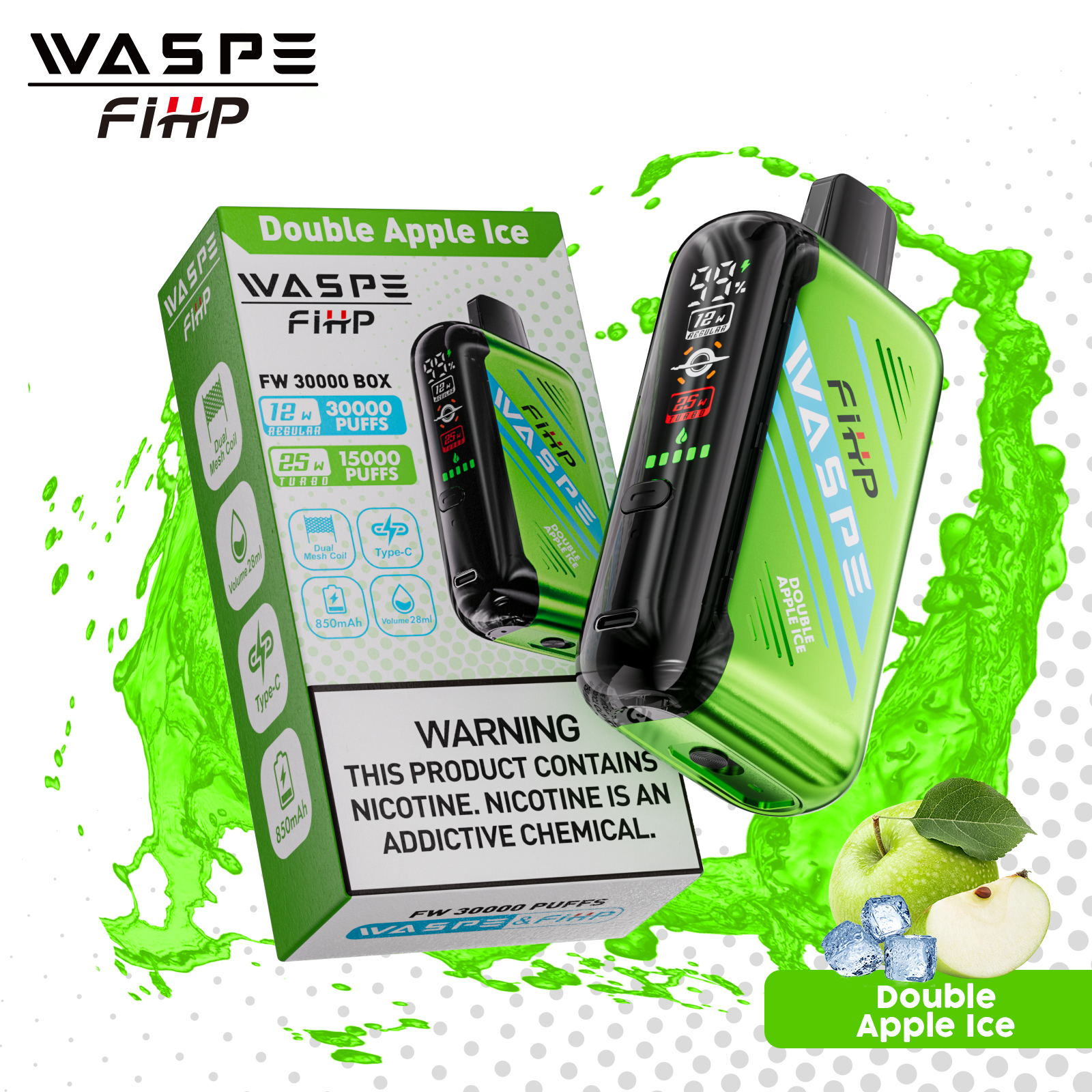 WASPE FW-30000 Double Apple Ice Disposable Vape (30,000 Puffs) | Dual Mesh, LED Display, Adjustable Airflow