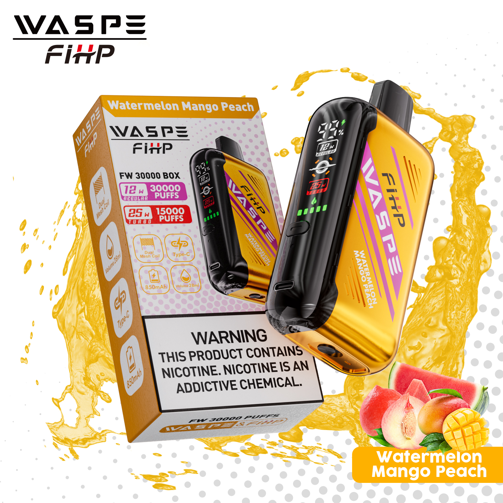 WASPE FW-30000 Disposable Vape (30,000 Puffs) – Watermelon Mango Peach, Dual Mesh Coil, LED Display, Adjustable Airflow