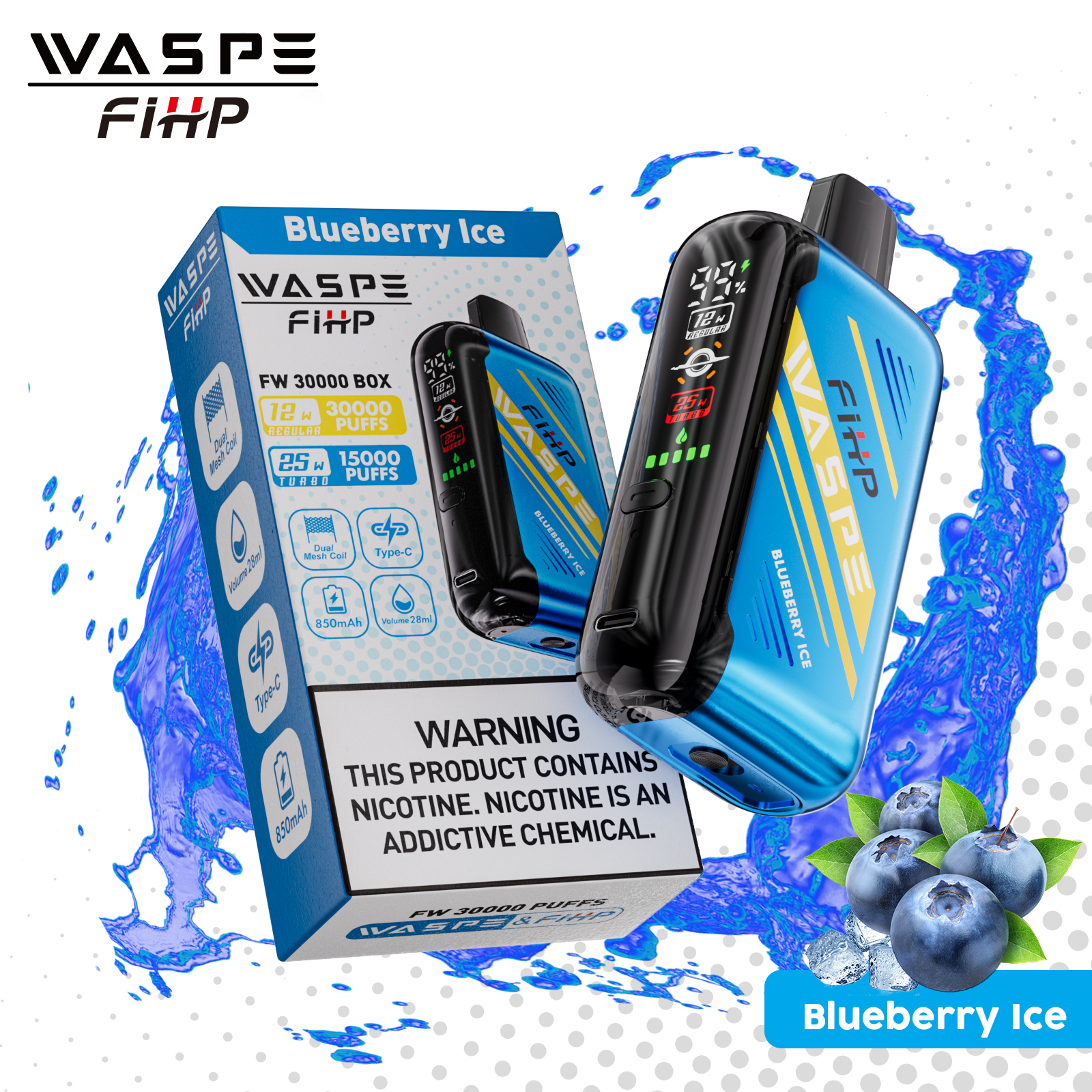 WASPE FW-30000 Blueberry Ice Disposable Vape (Up to 30000 Puffs) | Dual Mesh, LED Display, Adjustable Airflow