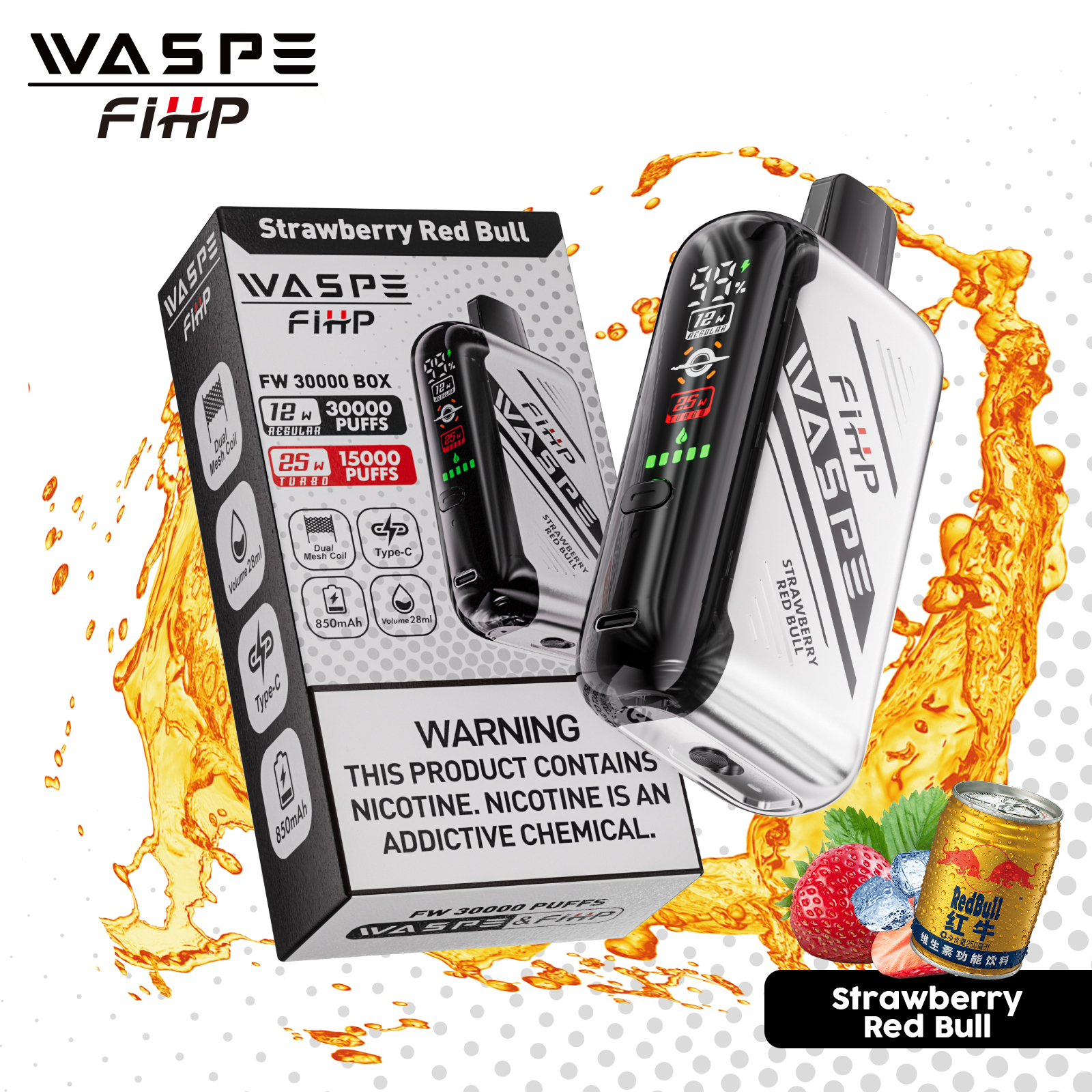 WASPE FW-30000 Strawberry Red Bull Disposable Vape (30,000 Puffs) | Dual Mesh, Adjustable Airflow, LED Display