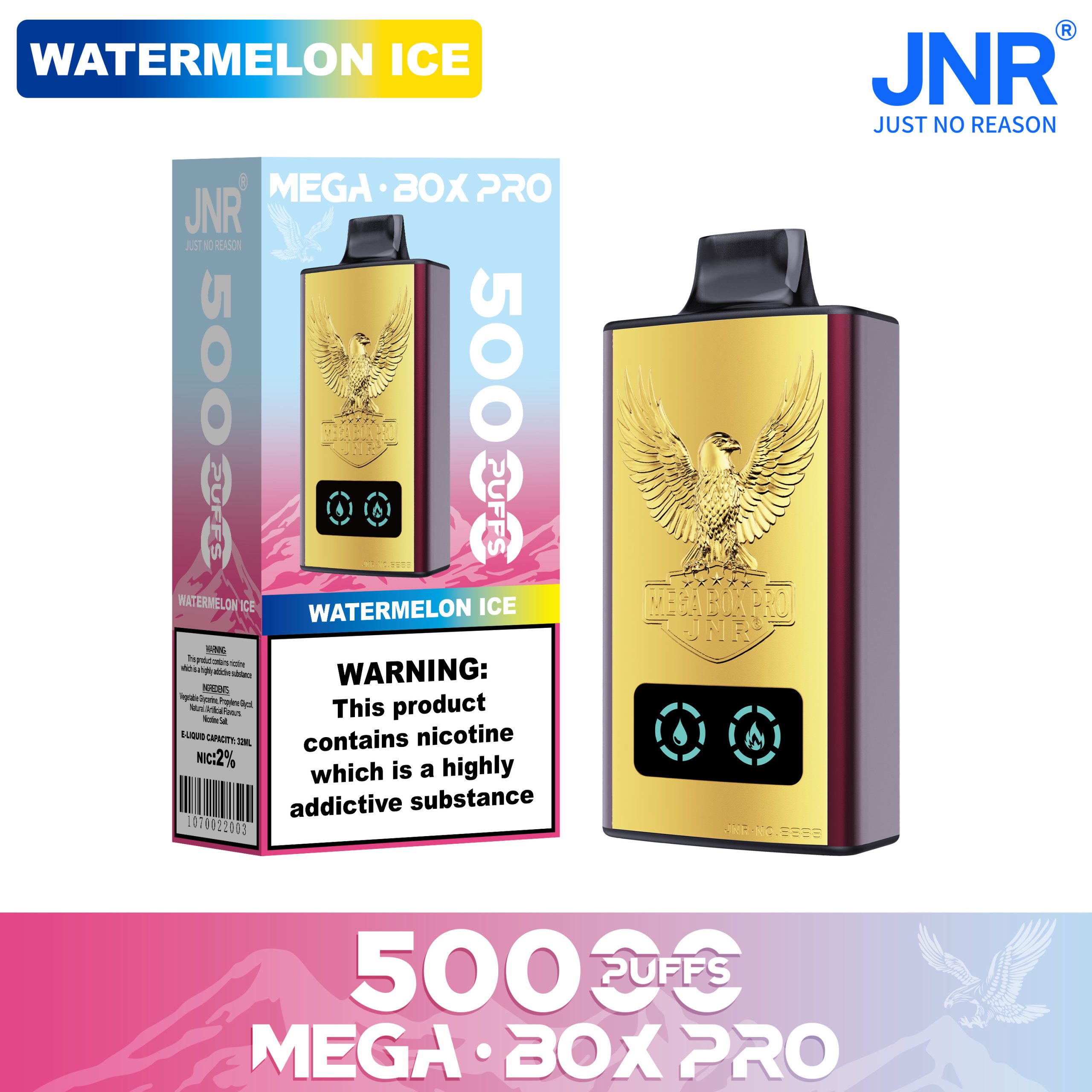 JNR Mega Box Pro 50000 Puffs Watermelon Ice (32ml, Dual Mesh, Type‑C, 0/2/5% Nic)
