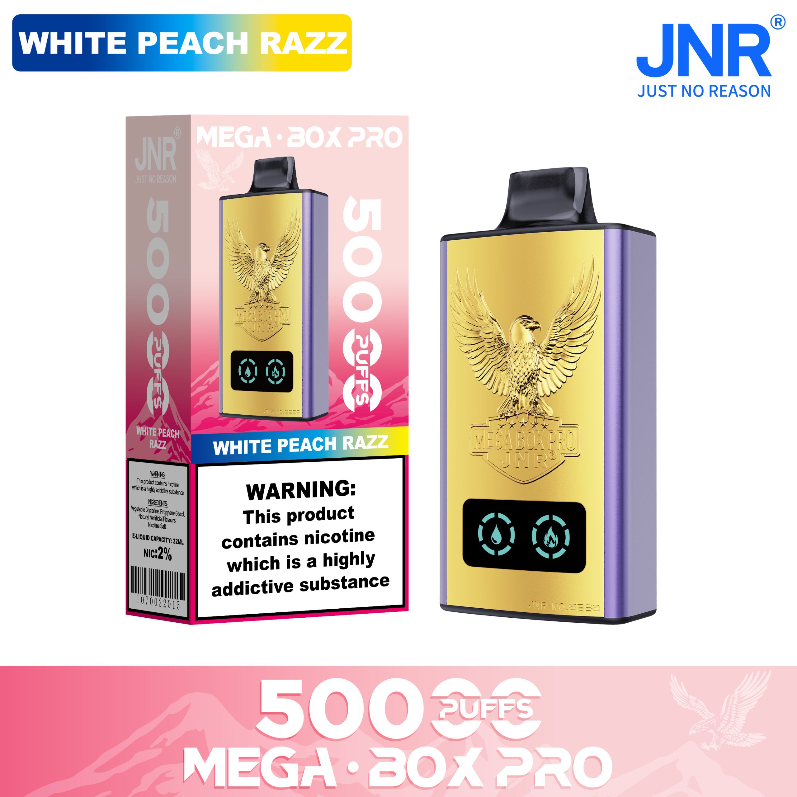 JNR Mega Box Pro 50000 Puffs – White Peach Ice (32ml, 850mAh, Type‑C, Display)