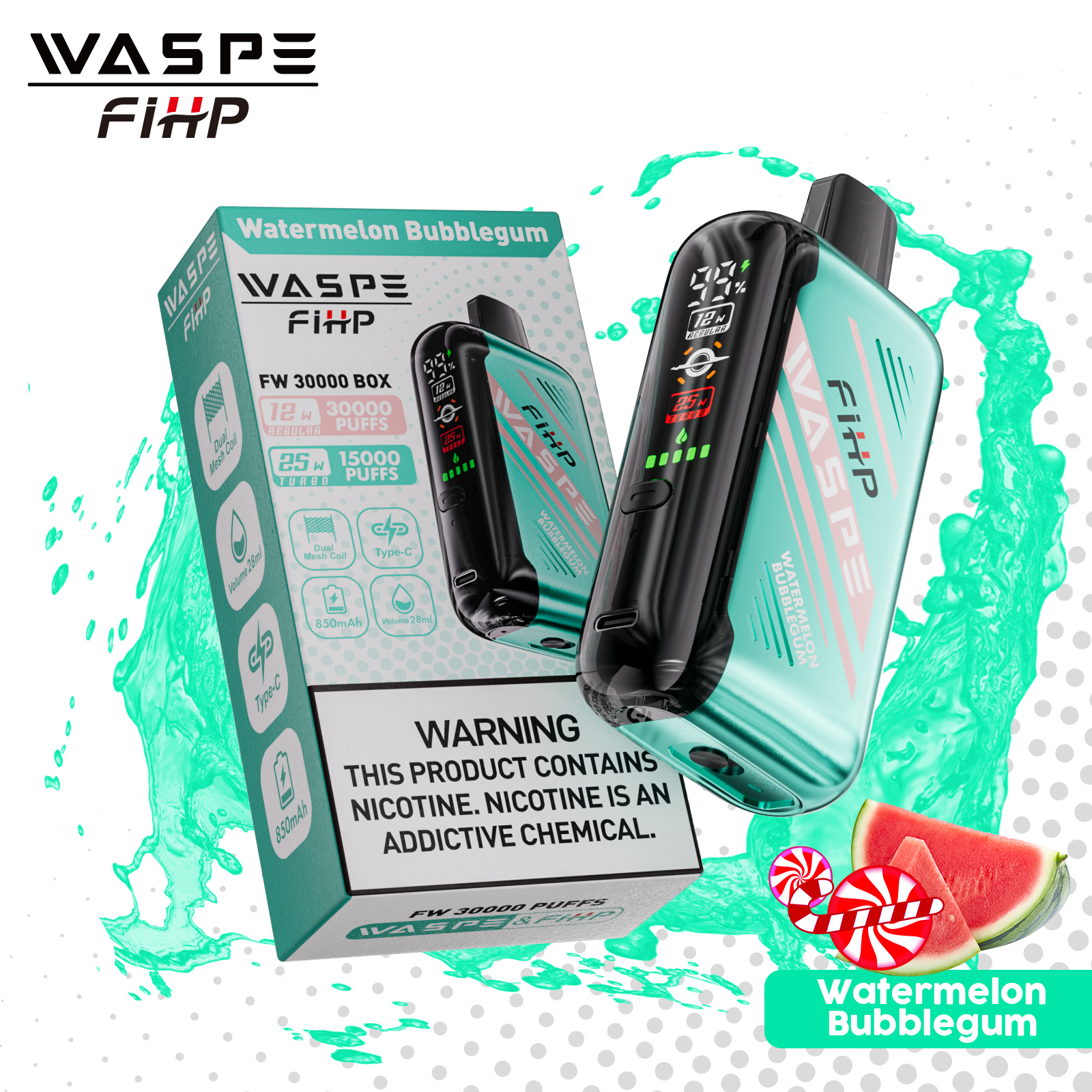 WASPE FW-30000 Puffs Disposable Vape – Watermelon Bubblegum, Dual Mesh, Adjustable Airflow