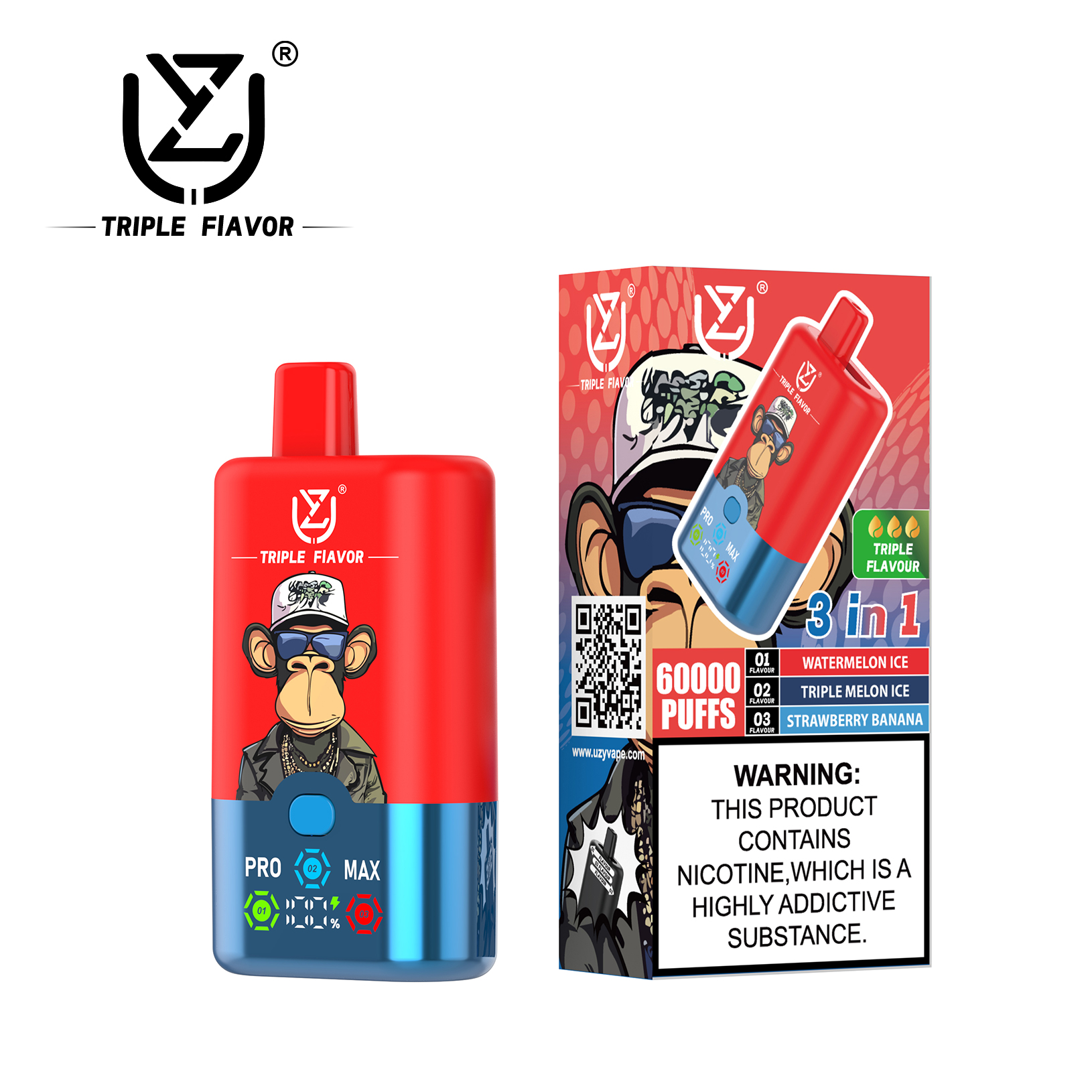 UZY Triple Flavor 60000 Puffs Disposable Vape (54ml) – Watermelon Ice / Triple Melon Ice / Strawberry Banana