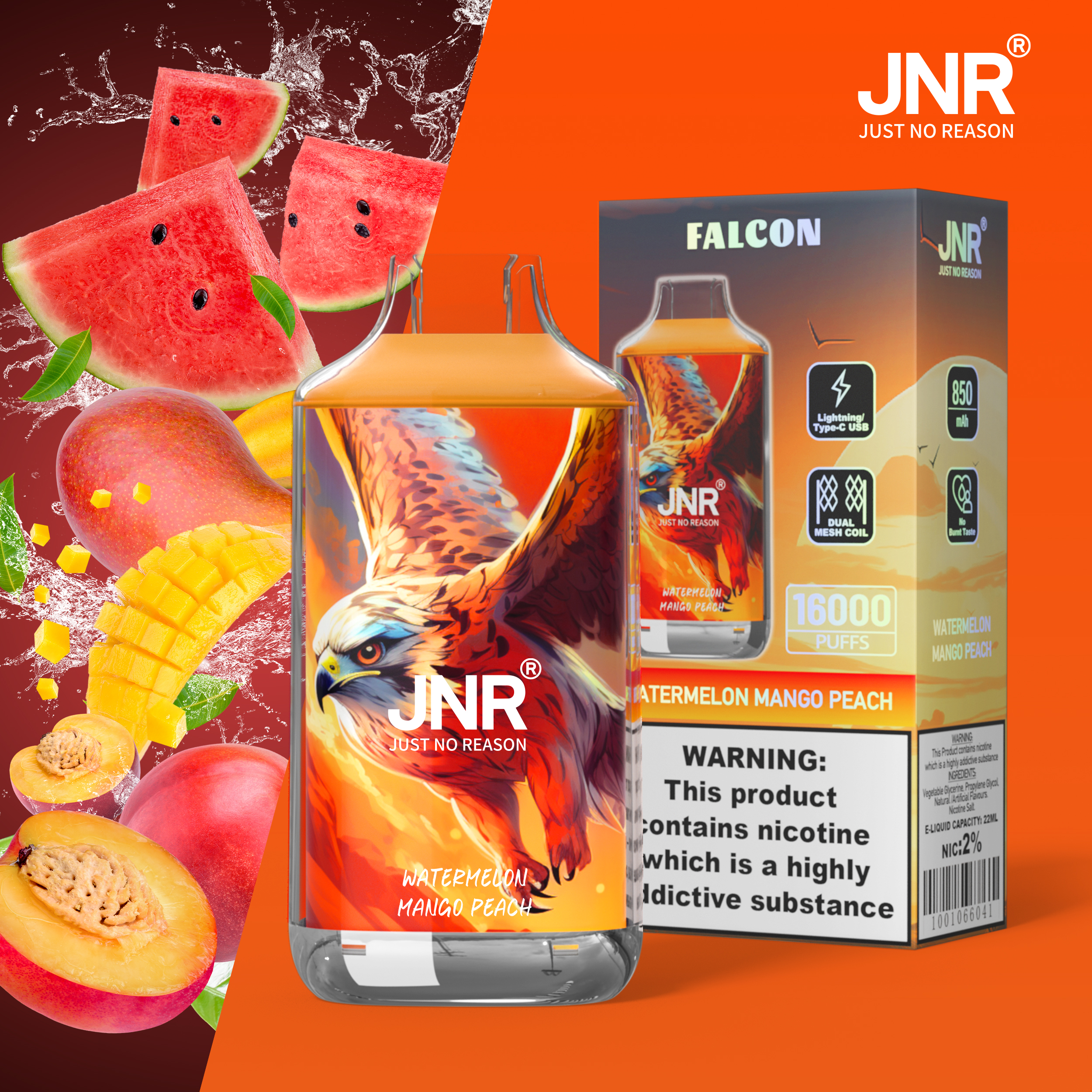 JNR Falcon 16000 Puffs Disposable Vape – Watermelon Mango Peach (22ml, Dual Mesh, Adjustable Airflow)