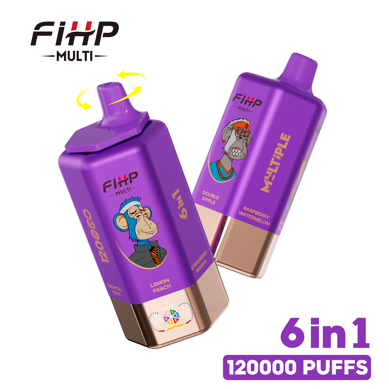FIHP 6-in-1 Disposable Vape 120000 Puffs (64ml) | 6 Flavors Switchable | Dual Mesh | Type-C | LED Display