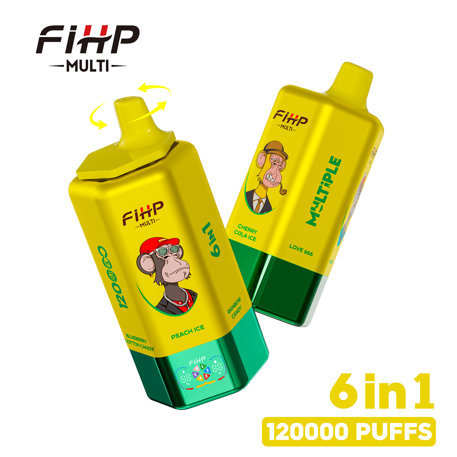 FIHP 6-in-1 Disposable Vape 120000 Puffs (64ml) | Rainbow Candy, Cherry Cola Ice, Love 666, Mango Ice, Blueberry Cotton Candy, Peach Ice