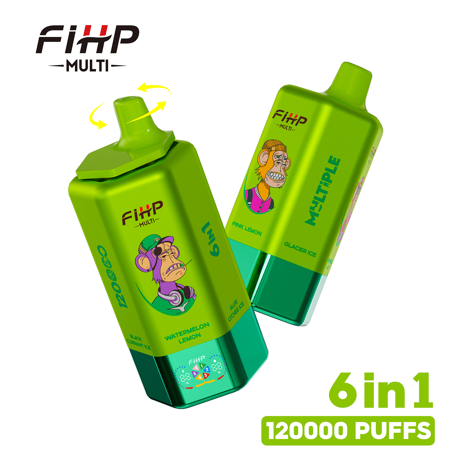 FIHP 6-in-1 Disposable Vape 120000 Puffs (64ml) | Aloe Lychee Ice, Pink Lemon, Glacier Ice, Pine Needle Mint, Black Currant Ice, Watermelon Lemon | Type-C Rechargeable, Dual Mesh, LED Display