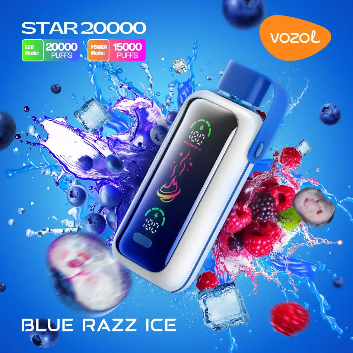 Vozol Star 20000 Puffs Blue Razz Ice (24ml, 5% Nicotine, LED Display, Dual Mesh, Type‑C)