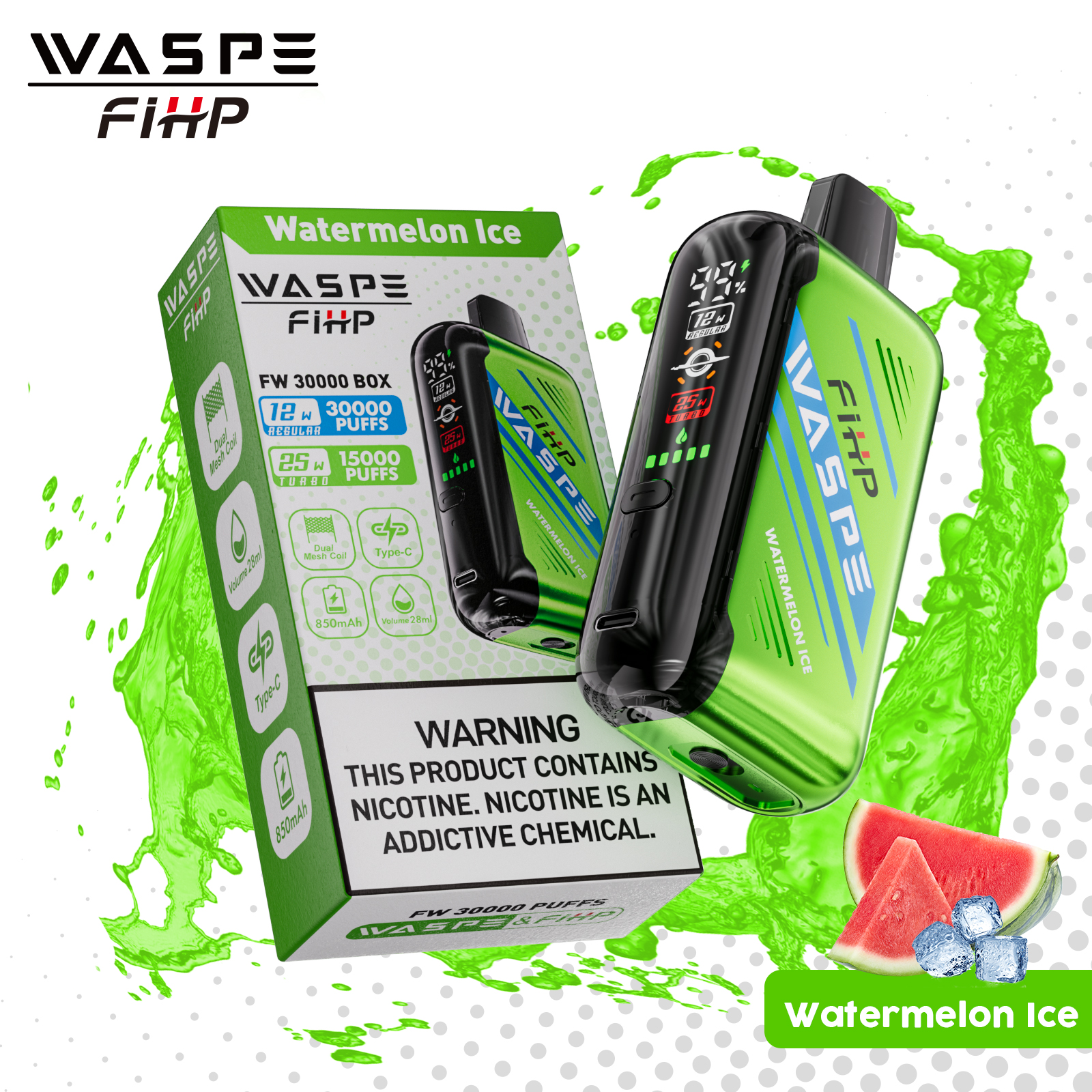 WASPE FW-30000 Watermelon Ice Disposable Vape (Up to 30,000 Puffs) | Dual Mesh, LED Display, Adjustable Airflow